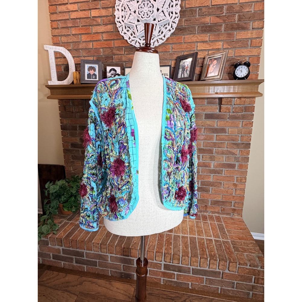 Handmade Chenille Wearable Art Jacket Womens Turquoise Multi 90s Vintage OSFM
